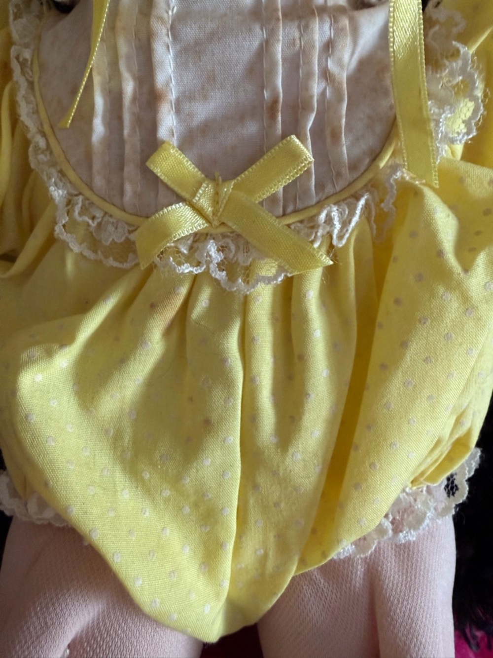 Yellow Vintage-Style Baby Doll with Lace Bonnet - Picture 4 of 4
